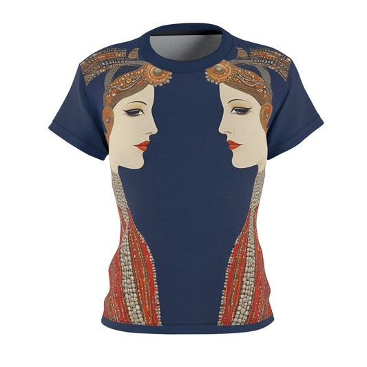 front view of navy blue art deco inspired gemini twins t-shirt