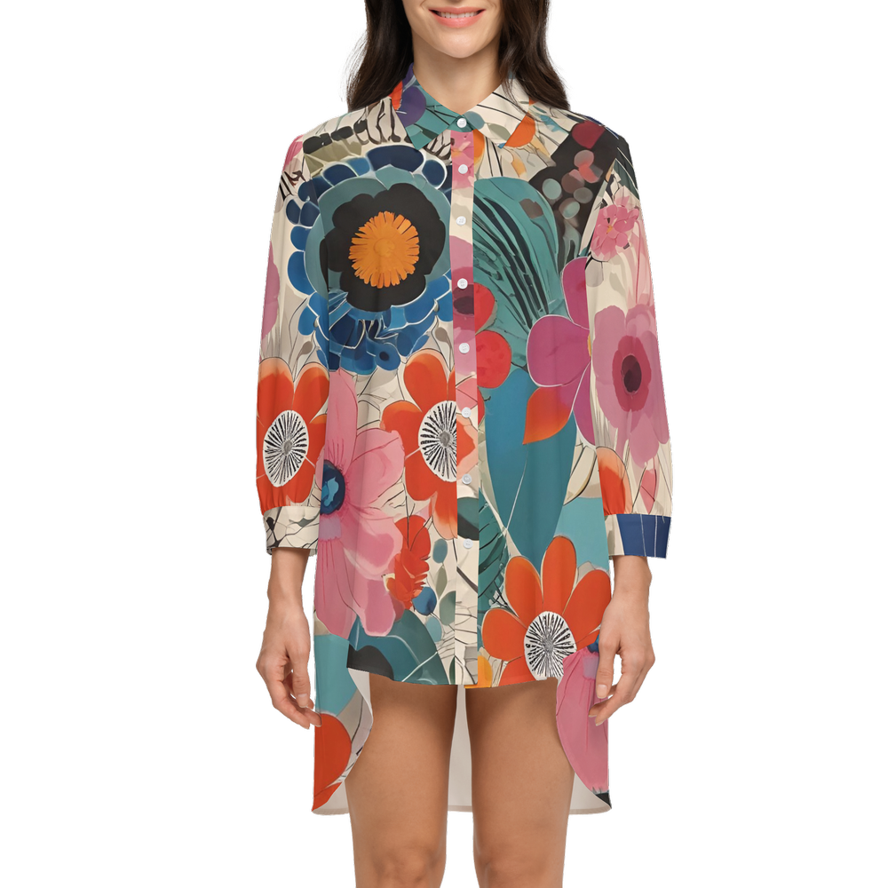 Flower Power Long-Sleeve Asymmetrical Blouse