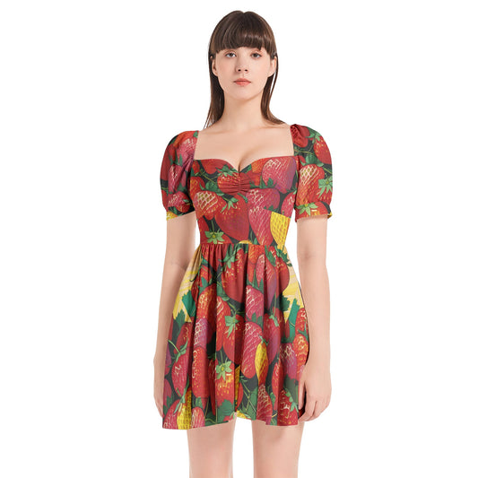 Strawberry Mound Puff Sleeve Mini Dress